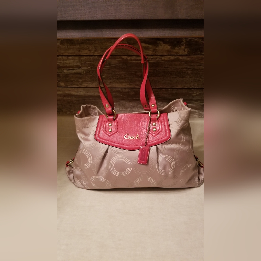 COACH Ashley Shoulder Bag F20049 Beige/Red Good Condition